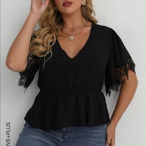 Black lace peplum blouse with butterfly sleeves